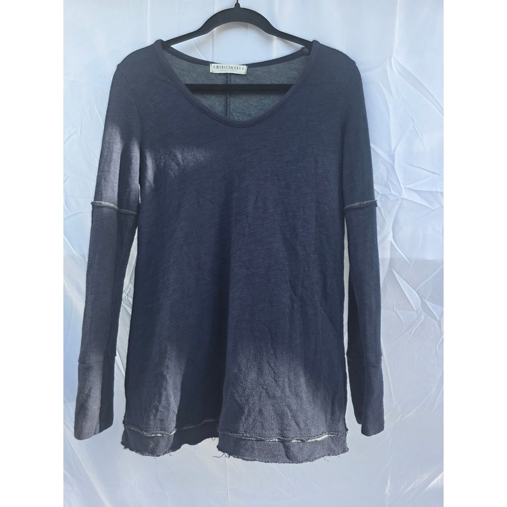 Americanable Womens Navy Blue Long Sleeve Thermal Top Raw Hem Button Cuff Small